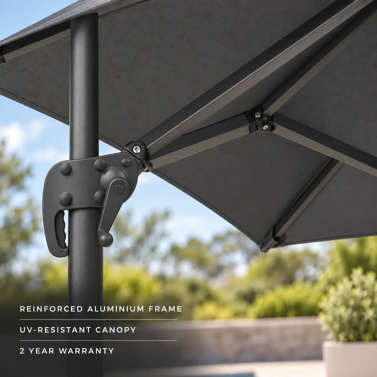 Cantilever umbrella 3x3 reinforced aluminium frame UV-resistant canopy tilt mechanism 2-year warranty