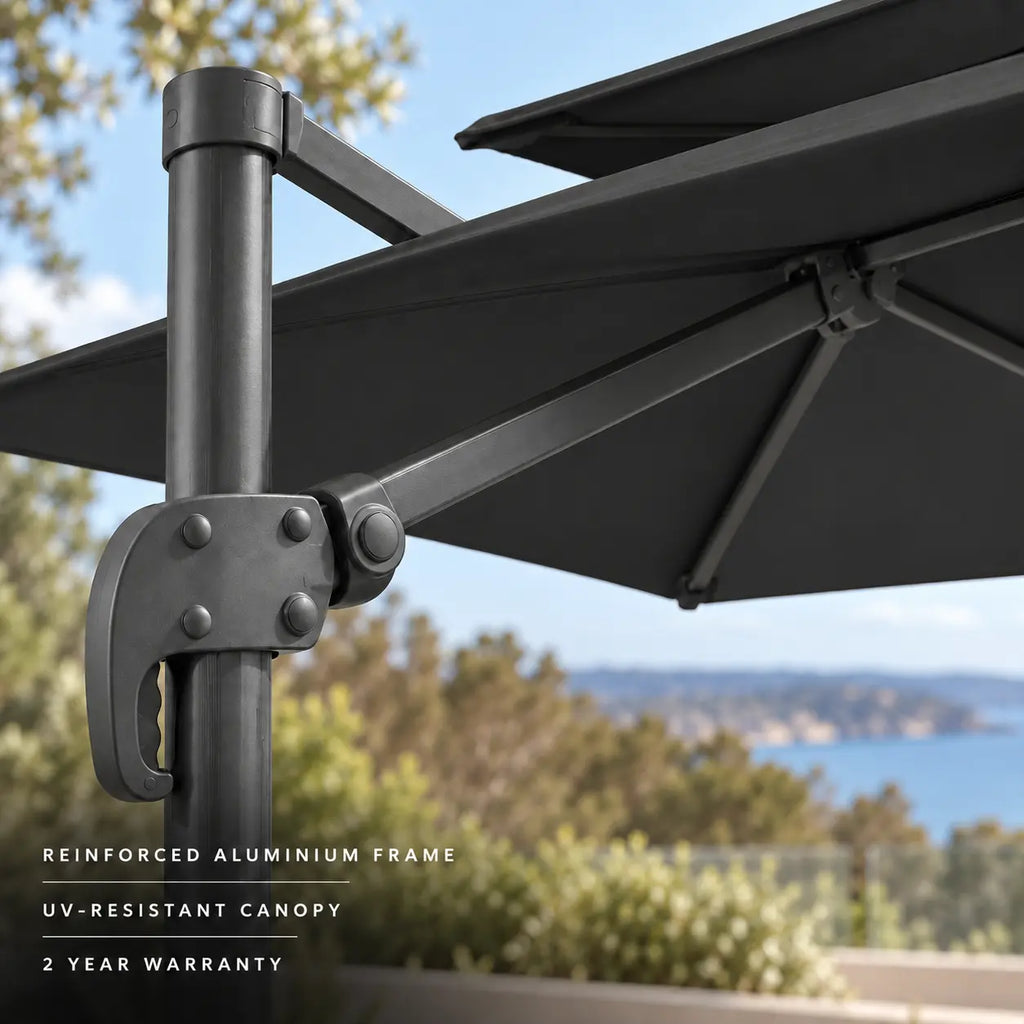 Cantilever umbrella 3x4 black reinforced aluminium frame heavy-duty tilt locking mechanism UV-resistant canopy 2-year warranty