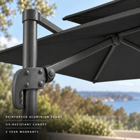 Cantilever umbrella 3x4 black reinforced aluminium frame heavy-duty tilt locking mechanism UV-resistant canopy 2-year warranty