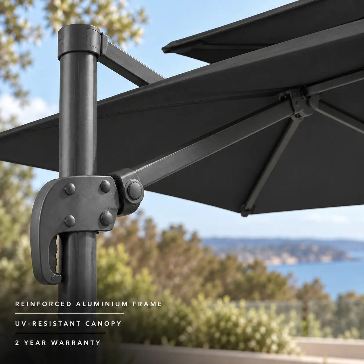 Cantilever umbrella 3x4 black reinforced aluminium frame heavy-duty tilt locking mechanism UV-resistant canopy 2-year warranty