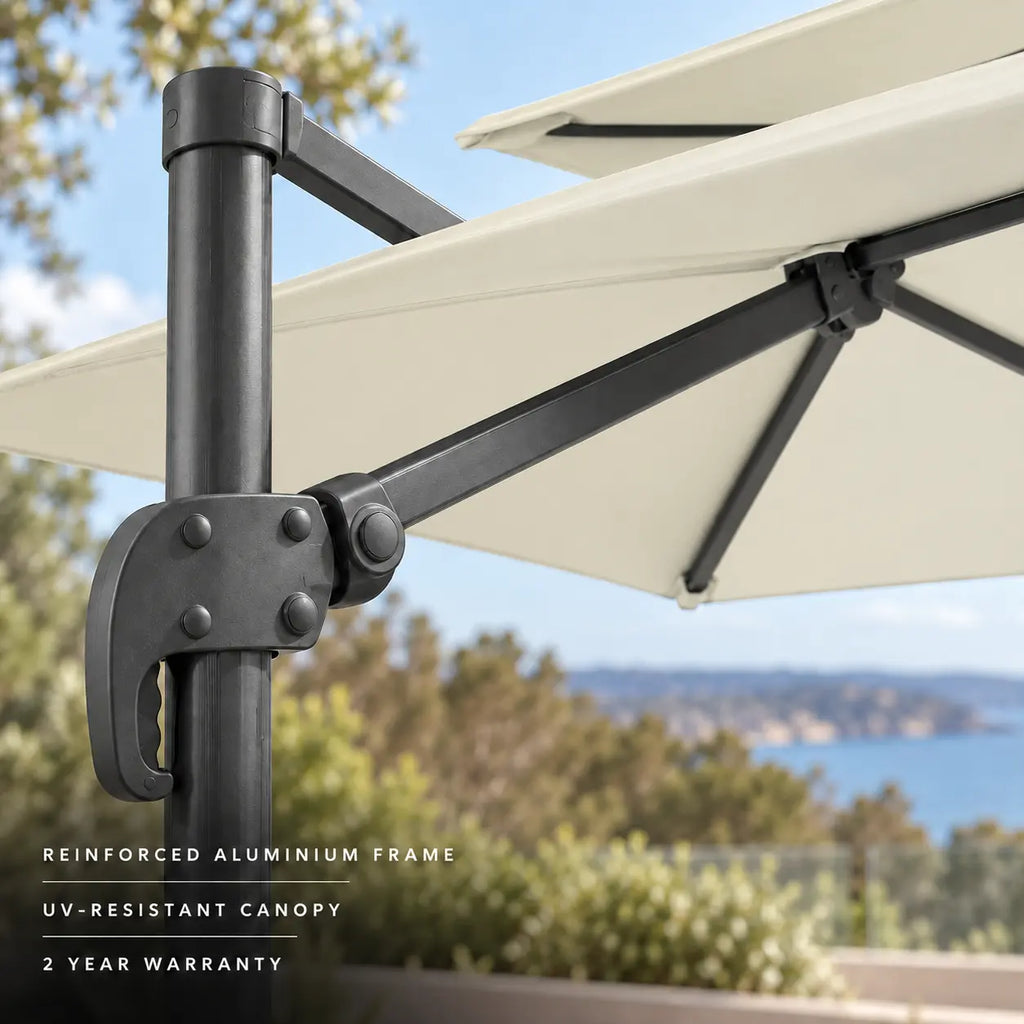 Cantilever umbrella 3x4 ivory reinforced aluminium frame heavy-duty tilt locking mechanism UV-resistant canopy 2-year warranty