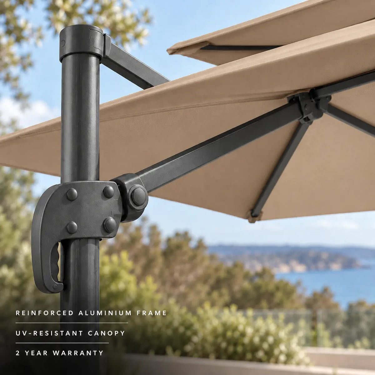 Cantilever umbrella 3x4 taupe reinforced aluminium frame heavy-duty tilt locking mechanism UV-resistant canopy 2-year warranty