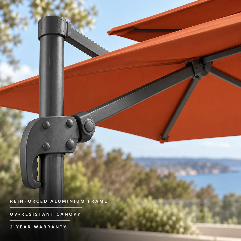 Cantilever umbrella 3x4 terracotta reinforced aluminium frame heavy-duty tilt locking mechanism UV-resistant canopy 2-year warranty