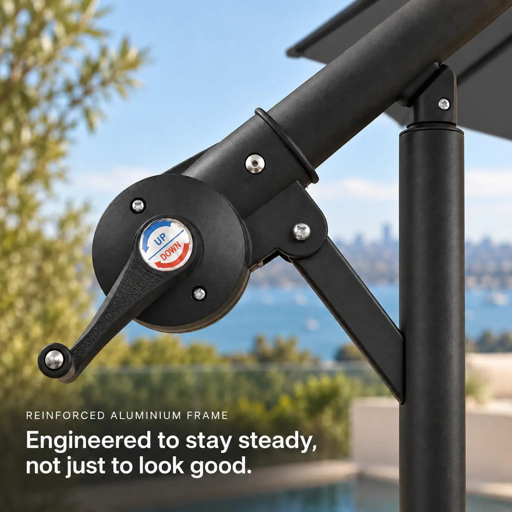 Round cantilever umbrella 3m anthracite reinforced aluminium crank tilt mechanism close-up