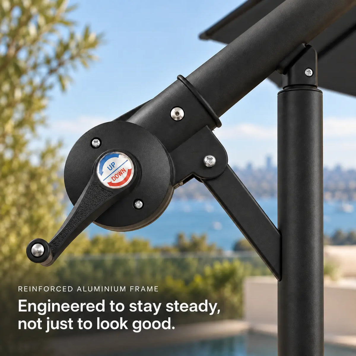 Round cantilever umbrella 3m black reinforced aluminium crank tilt mechanism close-up