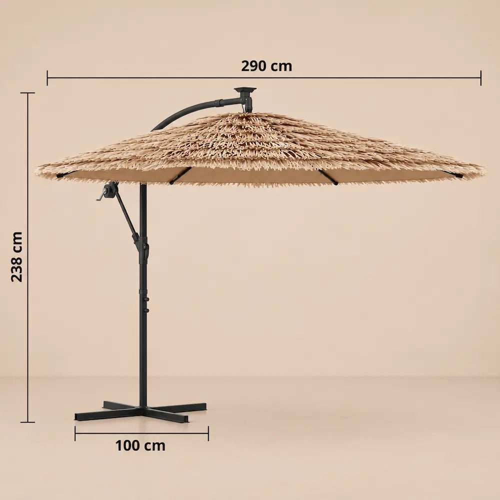 Straw Top Cantilever Umbrella 2.9m Brown - LED Lights, Crank, Cross Base | Paillote