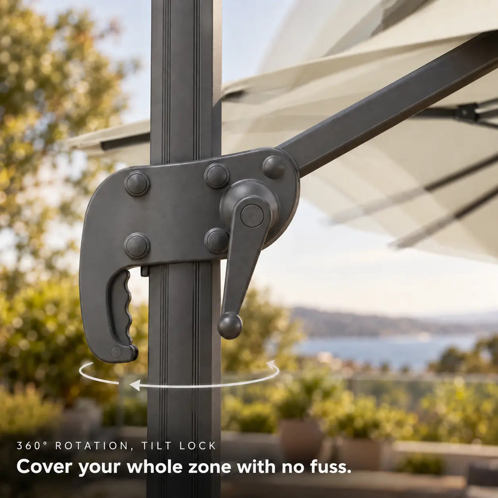 Cantilever umbrella 3x4 ivory 360-degree rotation tilt lock lever mechanism