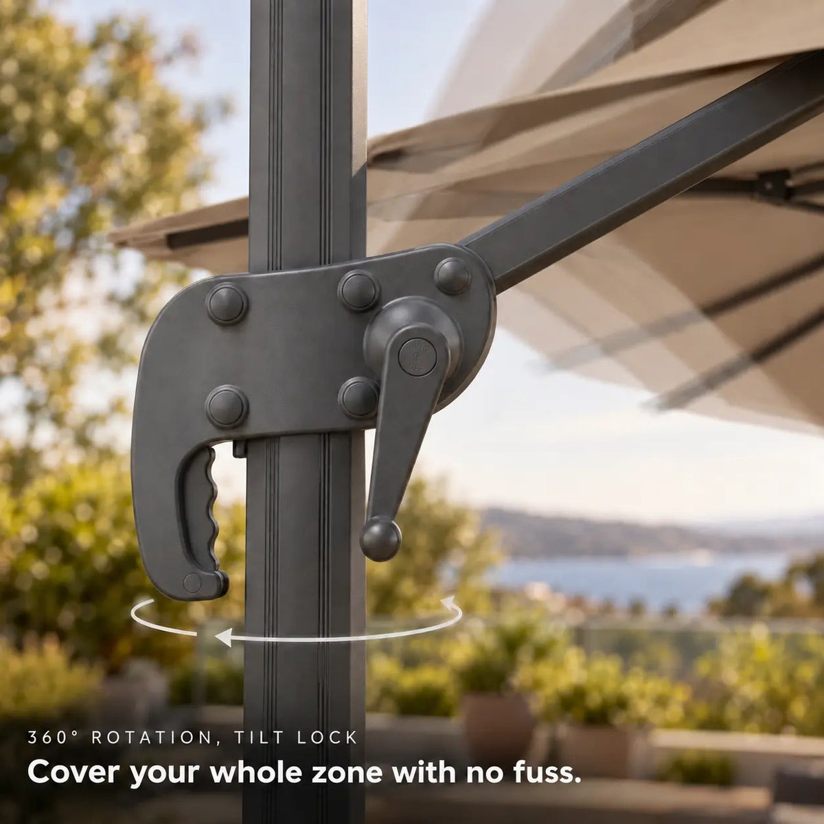 Cantilever umbrella 3x4 taupe 360-degree rotation tilt lock lever mechanism