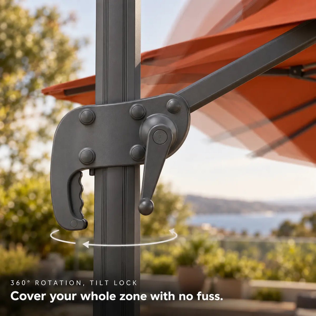 Cantilever umbrella 3x4 terracotta 360-degree rotation tilt lock lever mechanism