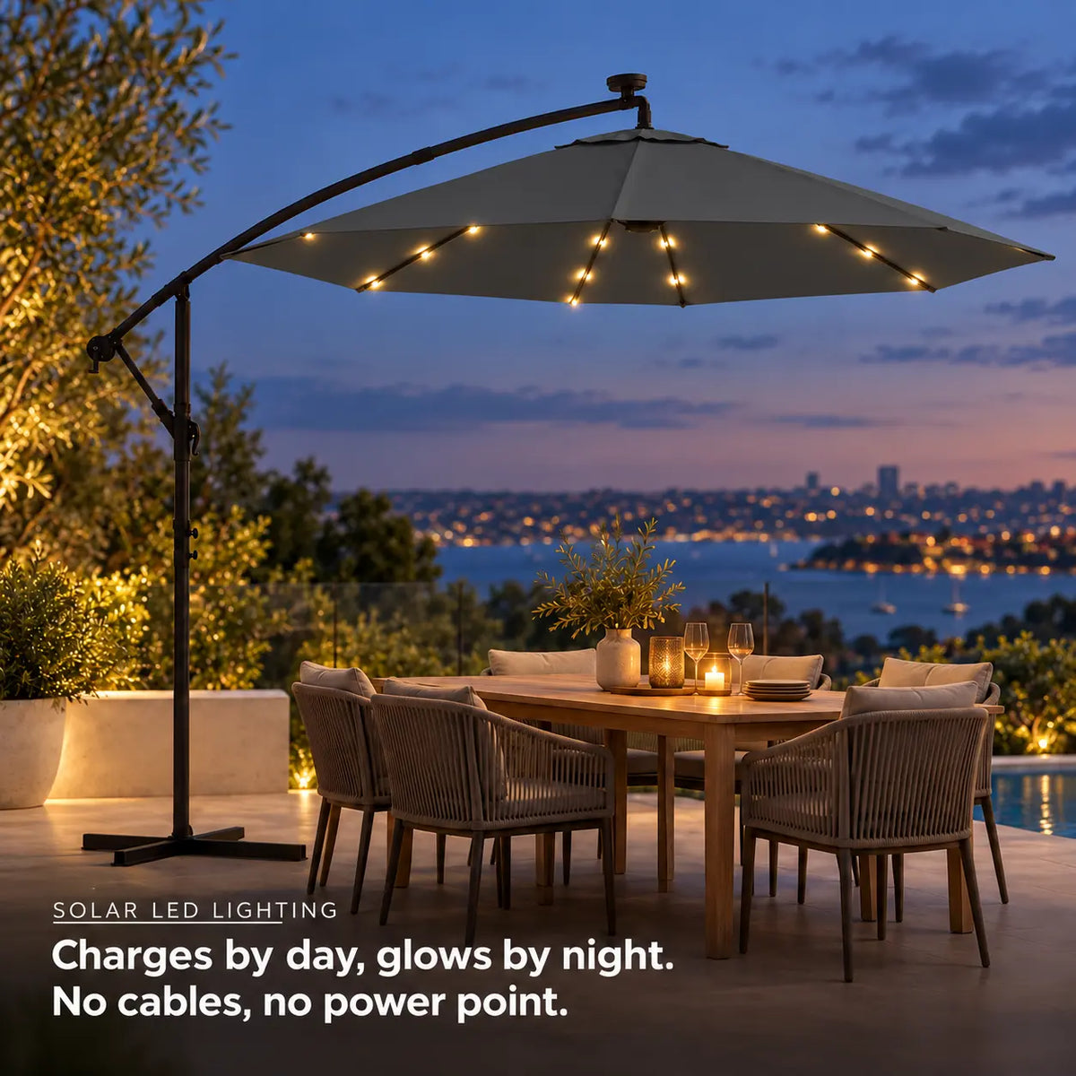 Round cantilever umbrella 3m anthracite solar LED lighting glowing night outdoor dining table harbour city lights no cables waterproof