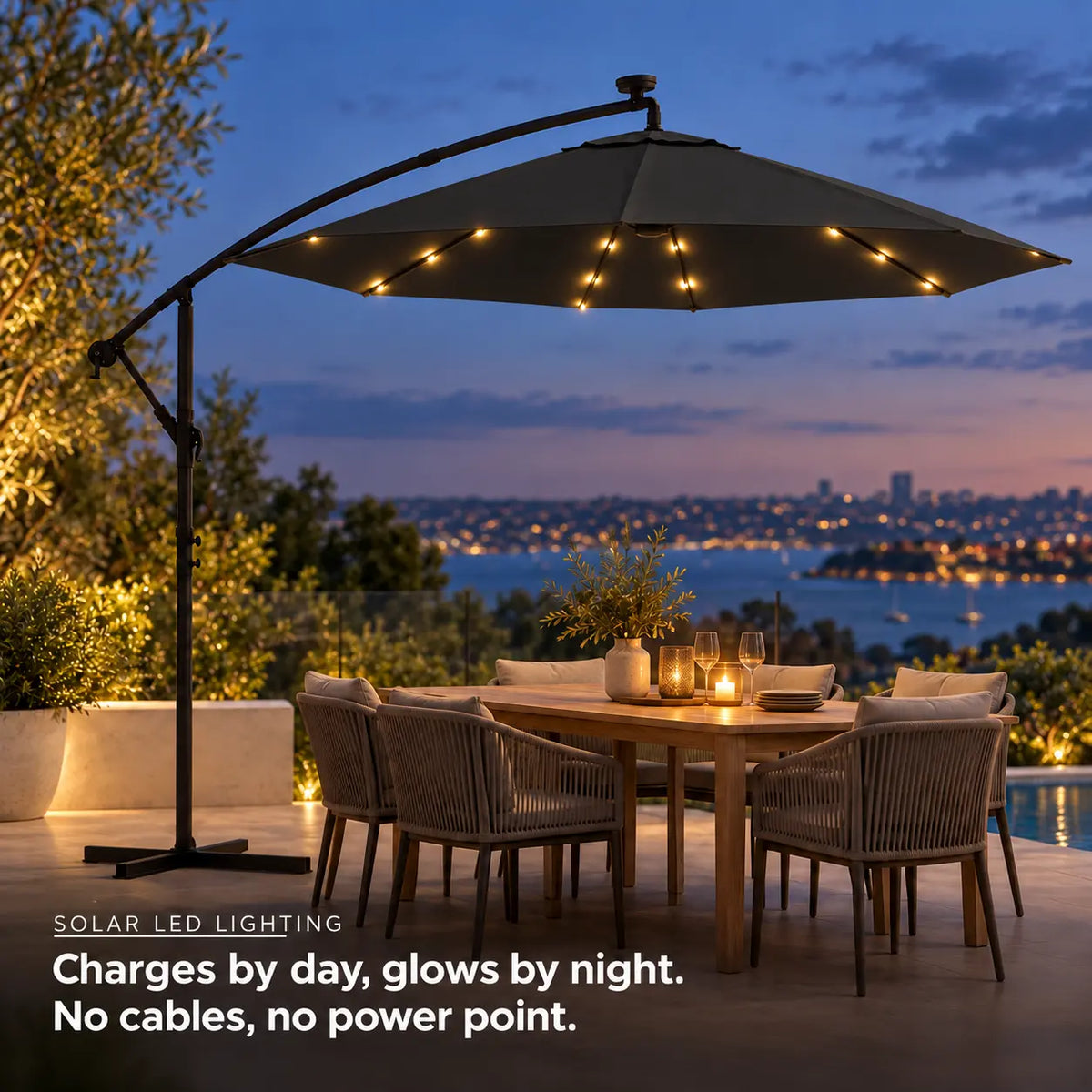 Round cantilever umbrella 3m black solar LED lighting glowing night outdoor dining table harbour city lights no cables waterproof