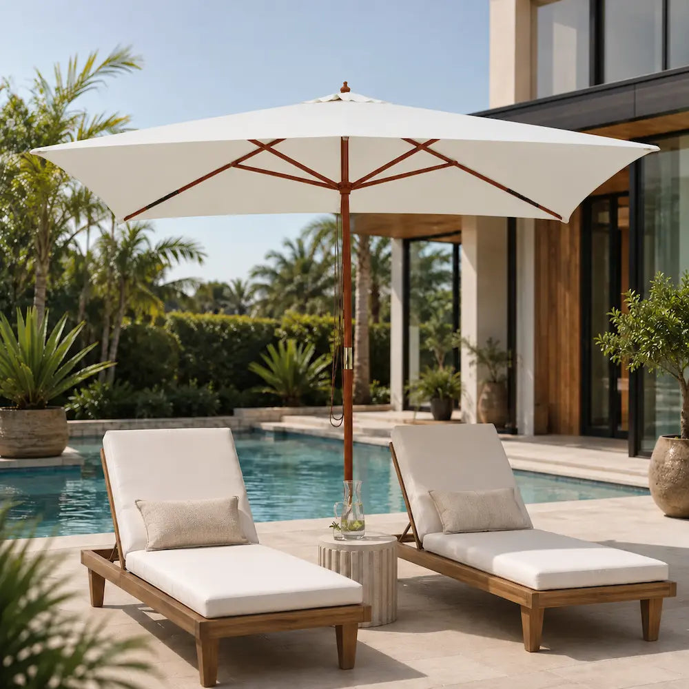 Market Umbrella 2x3m Rectangular Cream - Hardwood Pole, Single Pulley | Bastide