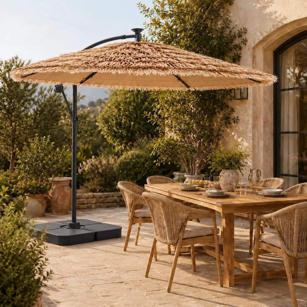 Straw Top Cantilever Umbrella 2.9m Brown - LED Lights, Crank, Cross Base | Paillote