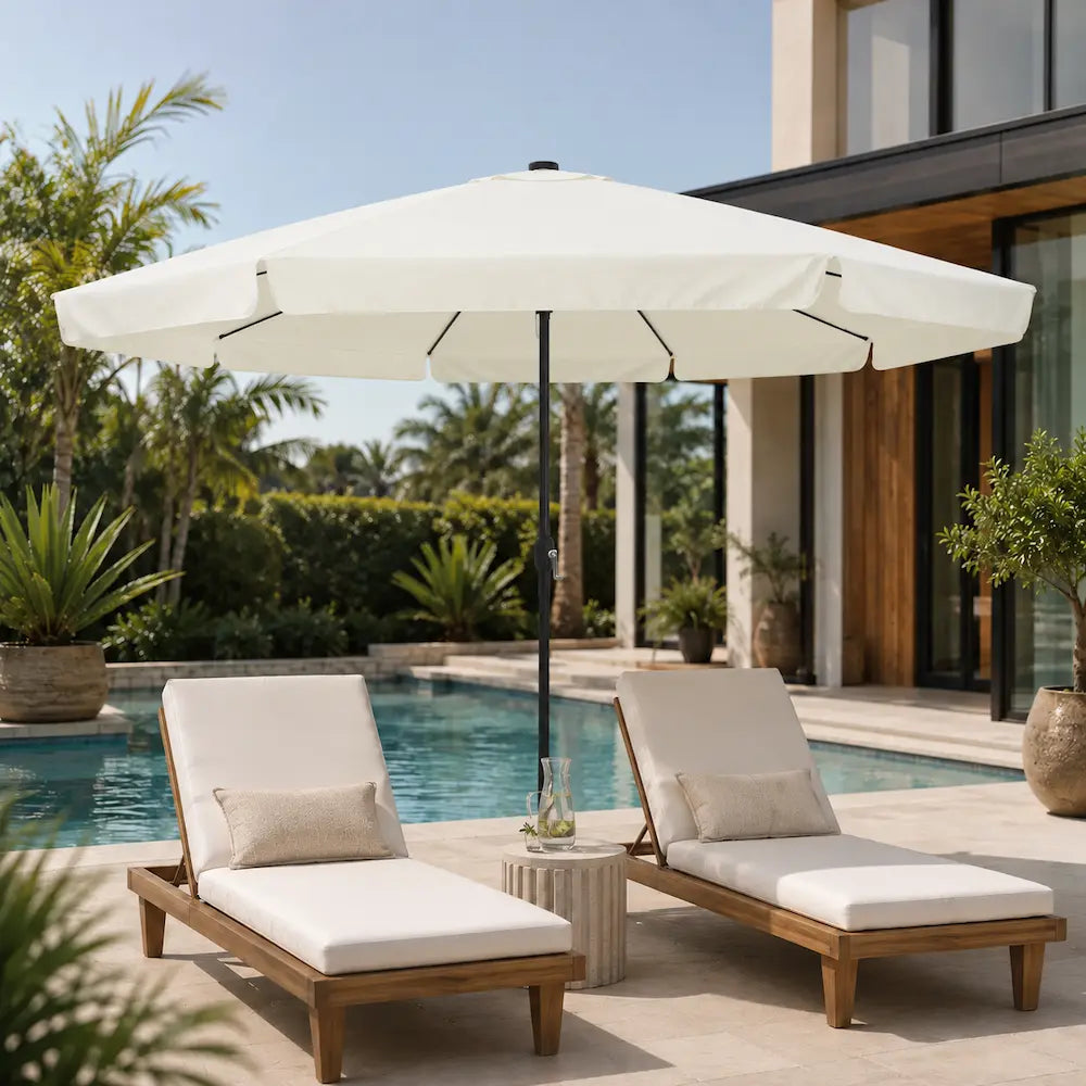Large LED Market Umbrella 3.95m Sand & Anthracite - Crank & Tilt | Veillée