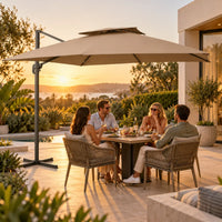 Cantilever umbrella 3x3 taupe friends outdoor dining sunset golden light sea view terrace pool