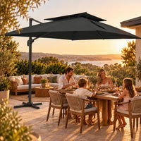 Cantilever umbrella 3x4 black family outdoor dining sunset golden light sea view terrace kids