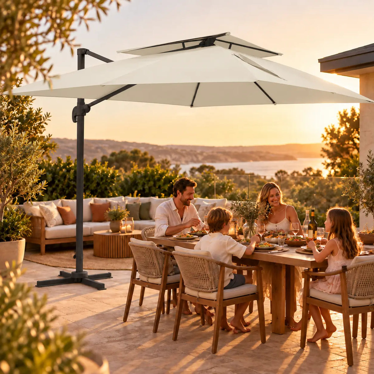 Cantilever umbrella 3x4 ivory family outdoor dining sunset golden light sea view terrace kids