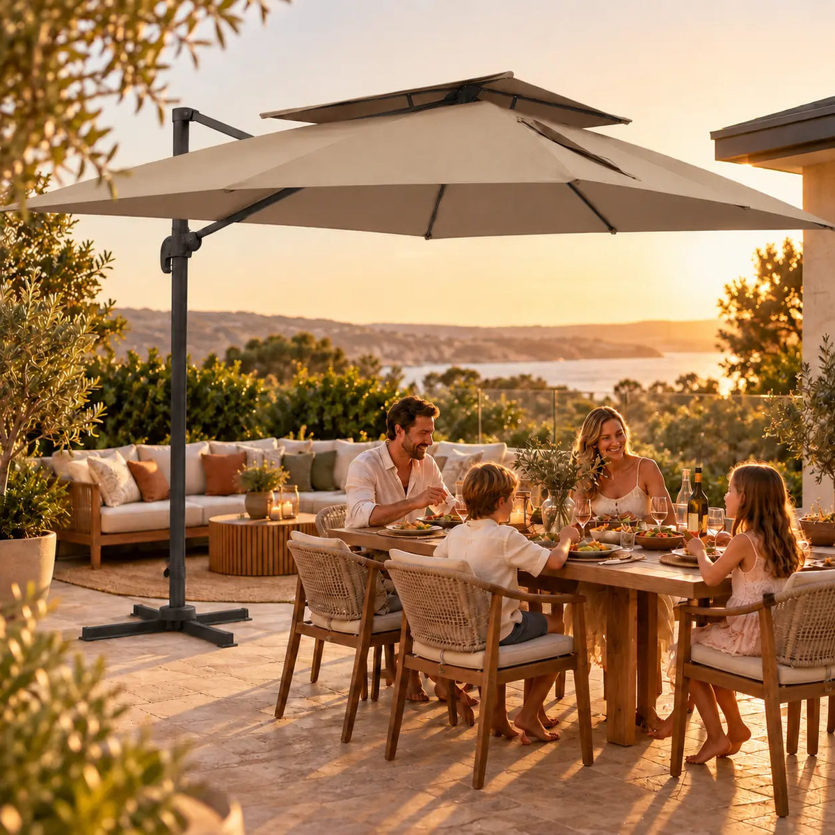 Cantilever umbrella 3x4 taupe family outdoor dining sunset golden light sea view terrace kids