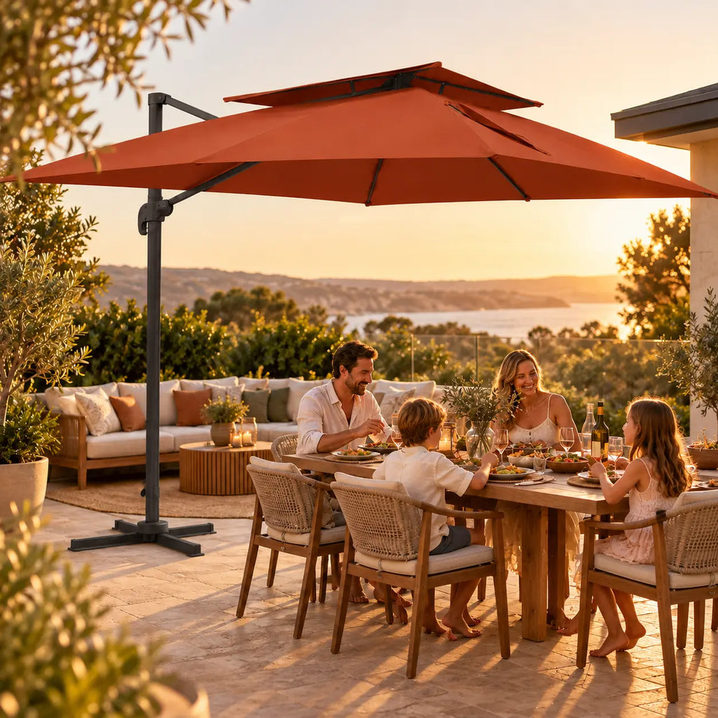 Cantilever umbrella 3x4 terracotta family outdoor dining sunset golden light sea view terrace kids