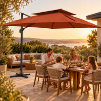 Cantilever umbrella 3x4 terracotta family outdoor dining sunset golden light sea view terrace kids
