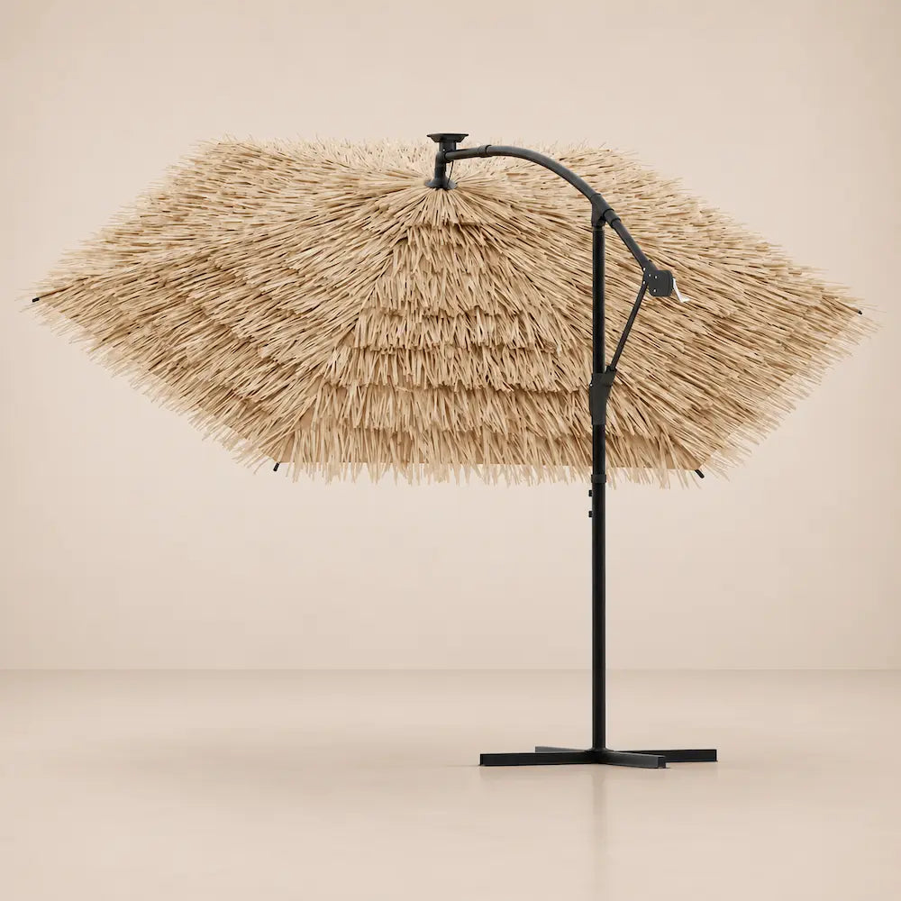 Straw Top Cantilever Umbrella 2.9m Brown - LED Lights, Crank, Cross Base | Paillote