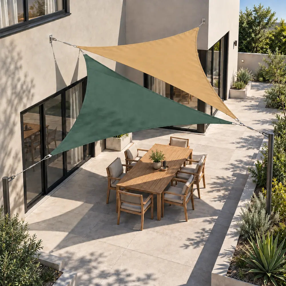Shade sail forest green and sand triangles fixed to the house over a backyard dining table