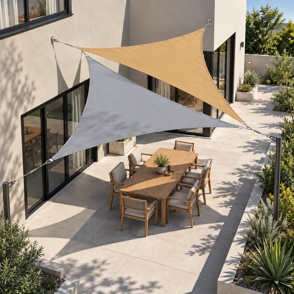 Shade sail light grey and sand triangles anchored to a wall and posts over an alfresco table