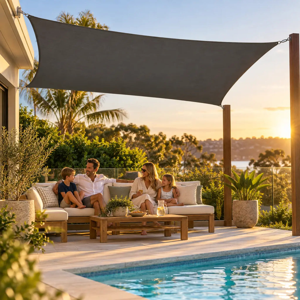 Shade sail anthracite rectangle family relaxing poolside at sunset in Australian outdoor entertaining area