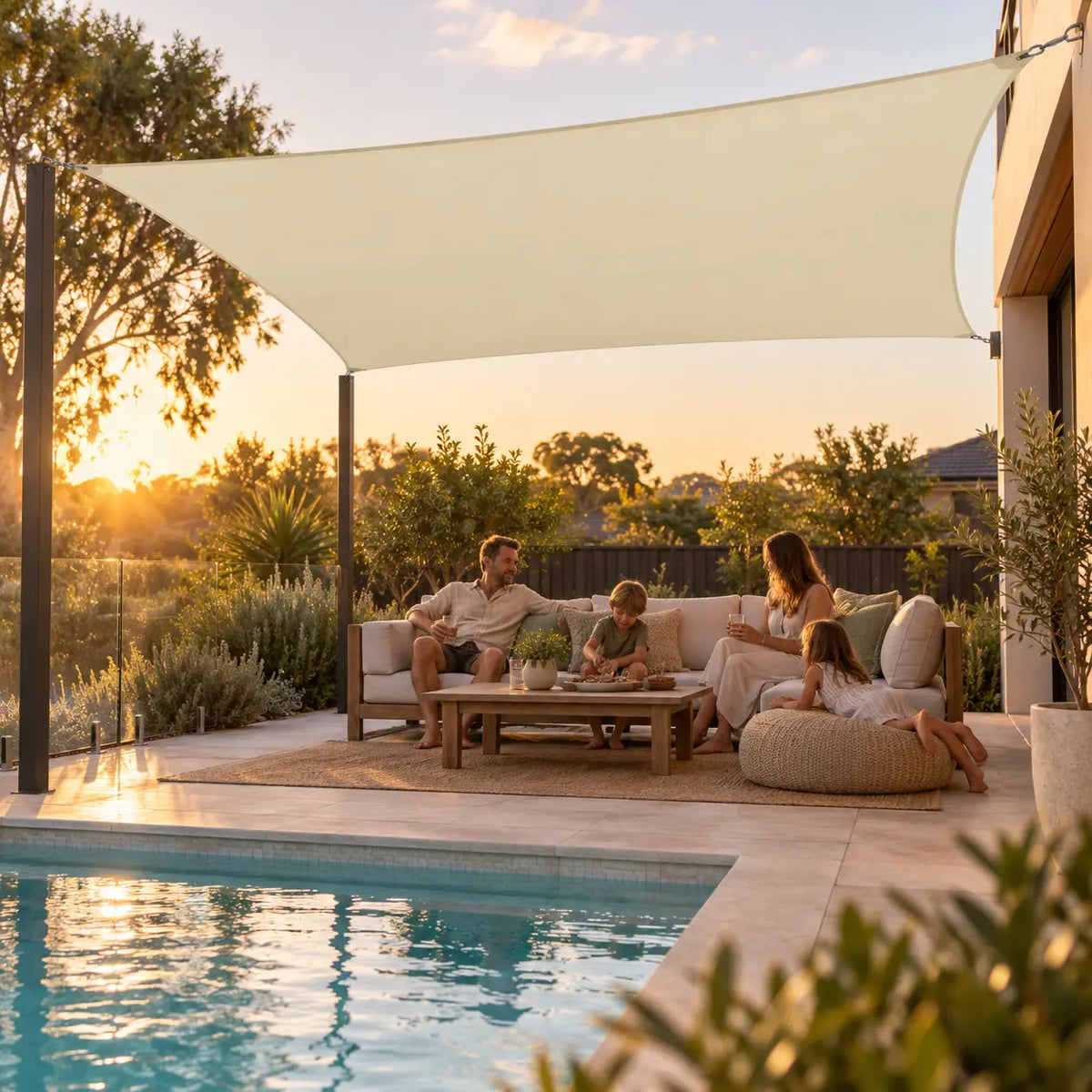 Cream shade sail rectangle family relaxing on outdoor sofa poolside at sunset in Australian garden entertaining area