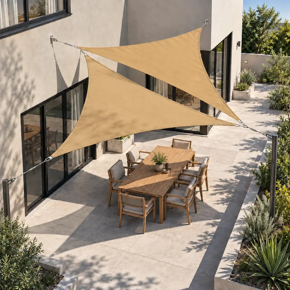 Shade sail pair in sand, two overlapping triangles above a courtyard dining area, seen from above