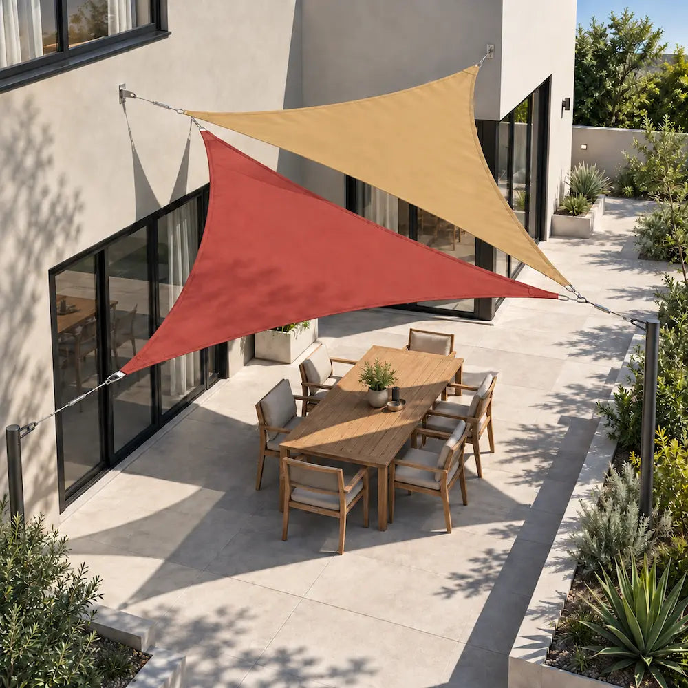 Shade sail terracotta and sand triangles anchored to wall and posts, shading an alfresco table