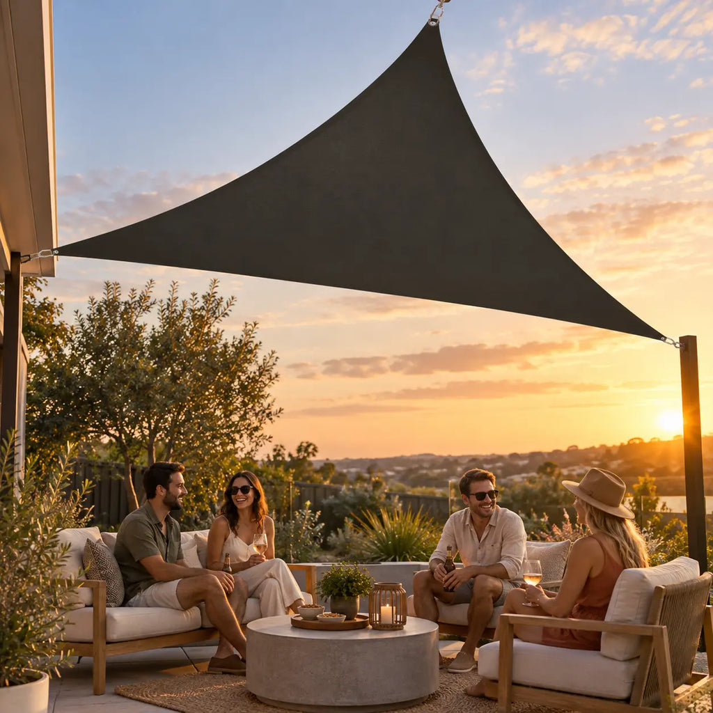 Anthracite triangle shade sail friends relaxing on outdoor sofa at sunset in Australian entertaining area with panoramic view