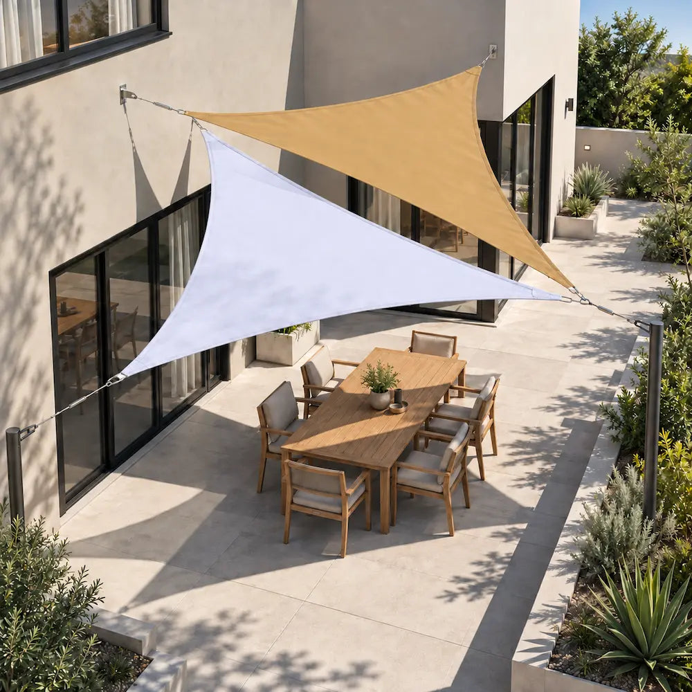 Shade sail white and sand triangles layered over a paved patio and dining setting
