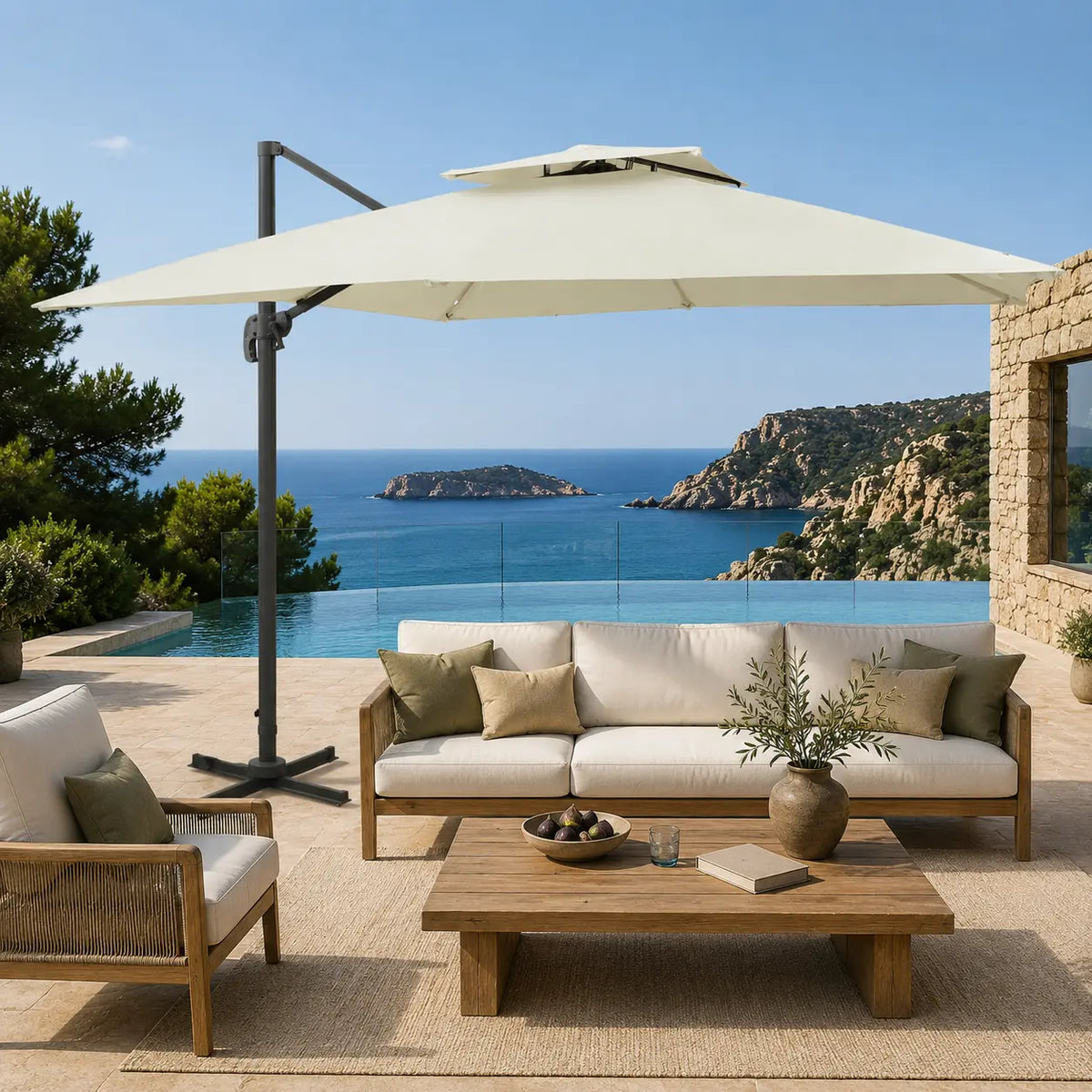 Ivory cantilever umbrella providing shade over a teak outdoor lounge setting overlooking a coastal sea view