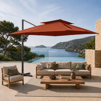 3x4m terracotta cantilever umbrella providing shade over teak outdoor furniture – premium patio umbrella for Australian outdoor entertaining areas