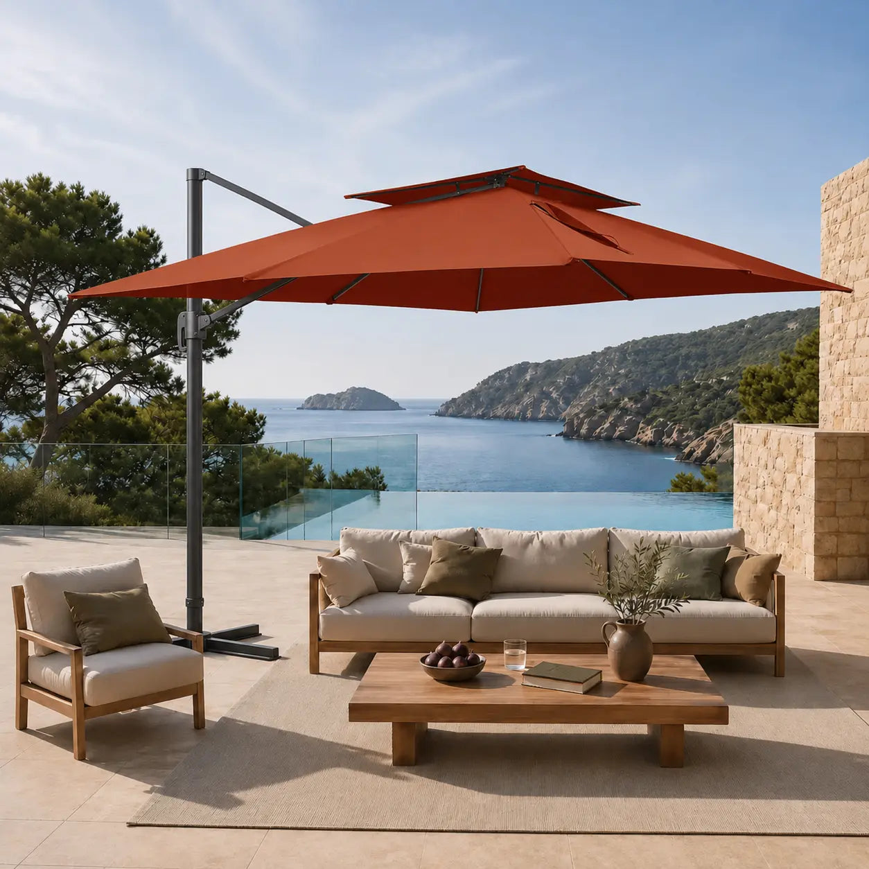 3x4m terracotta cantilever umbrella providing shade over teak outdoor furniture – premium patio umbrella for Australian outdoor entertaining areas