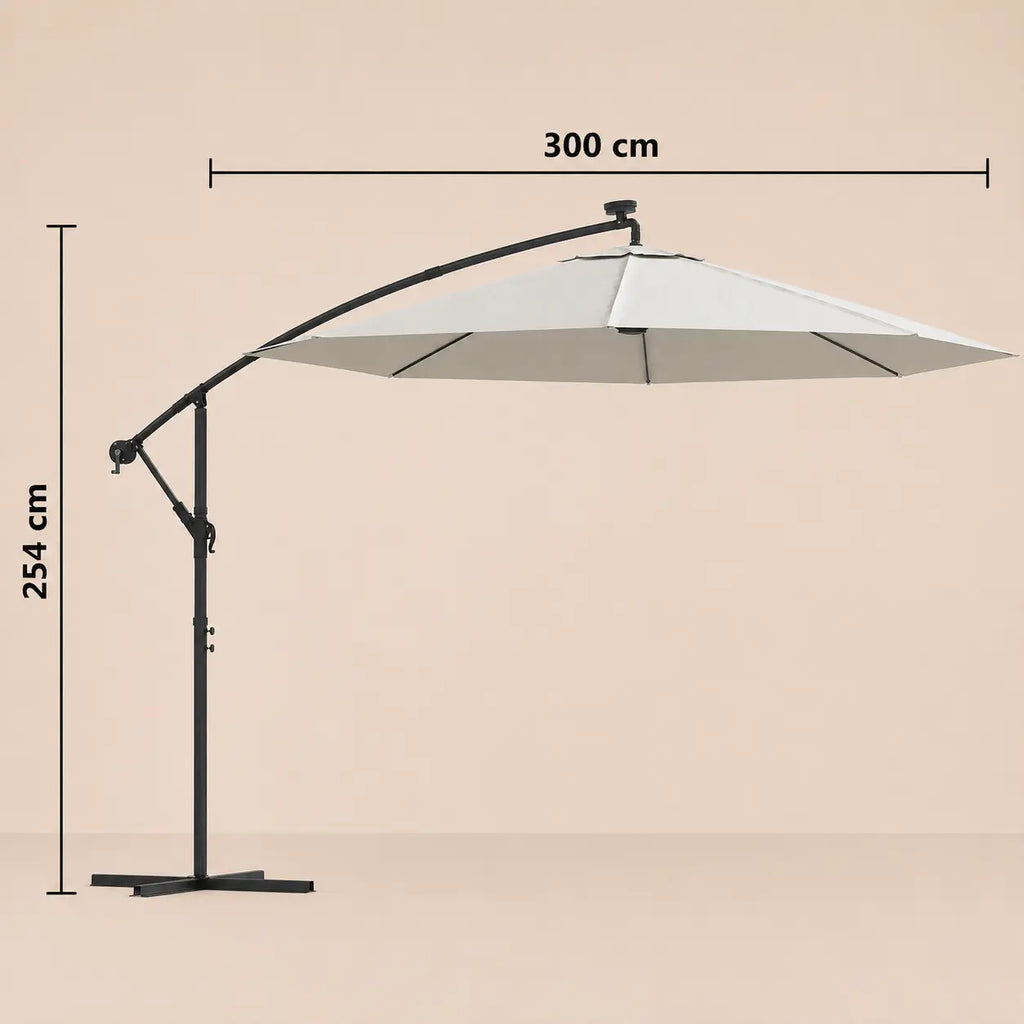 Round cantilever umbrella 3m diameter 254cm height with cross base and solar panel – Solano Sand dimensions