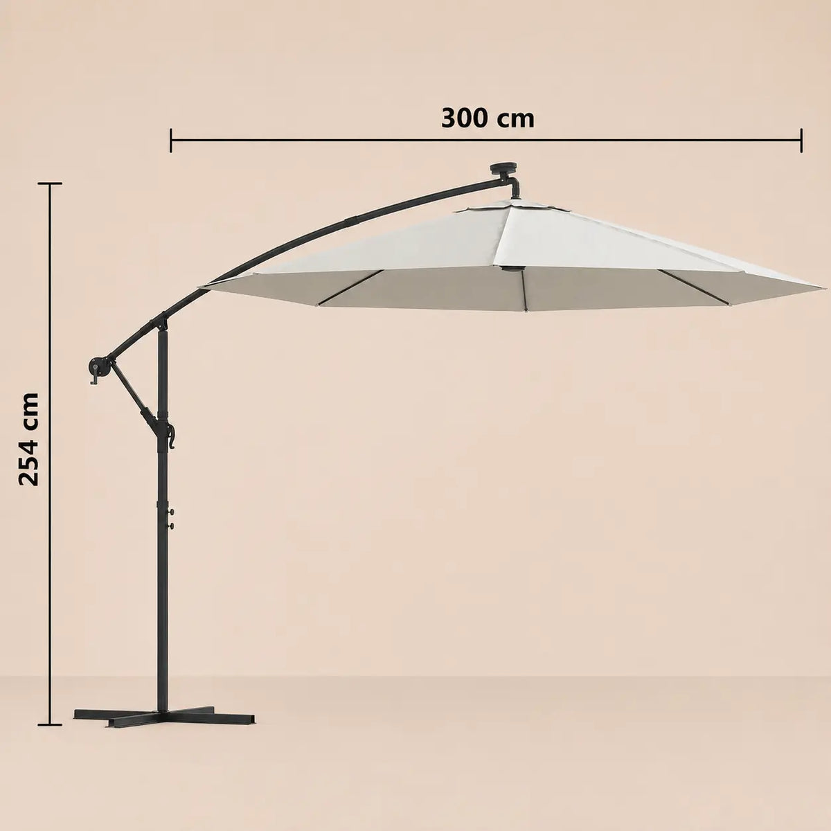 Round cantilever umbrella 3m diameter 254cm height with cross base and solar panel – Solano Sand dimensions