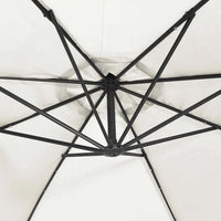 Round cantilever umbrella underside view showing 8-spoke aluminium rib frame with LED lighting strip – Solano 3m Sand