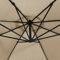 Round cantilever umbrella underside view showing 8-spoke aluminium rib frame with LED lighting points – Meltem 3m Taupe