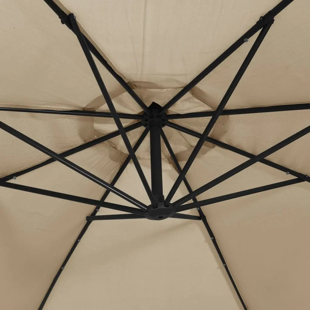 Round cantilever umbrella underside view showing 8-spoke aluminium rib frame with LED lighting points – Meltem 3m Taupe