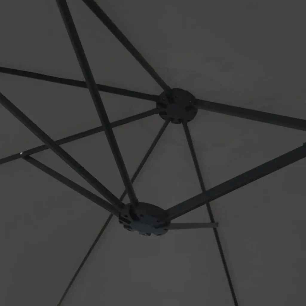 Underside view of an anthracite double canopy market umbrella showing black metal rib frame and dual hub junction