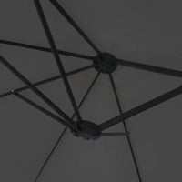 Underside view of an anthracite double canopy market umbrella showing black metal rib frame and dual hub junction