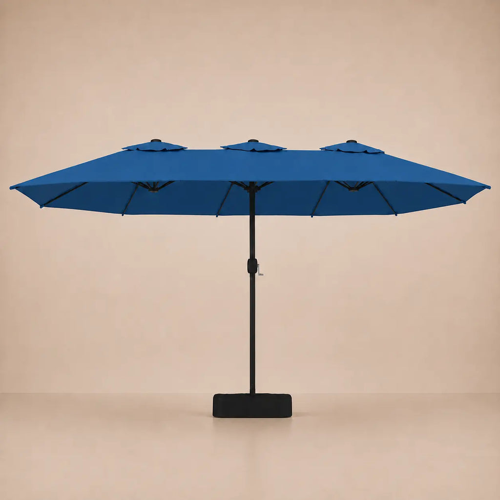 Azure blue double canopy market umbrella with integrated LED lights, black aluminium pole and weighted square base