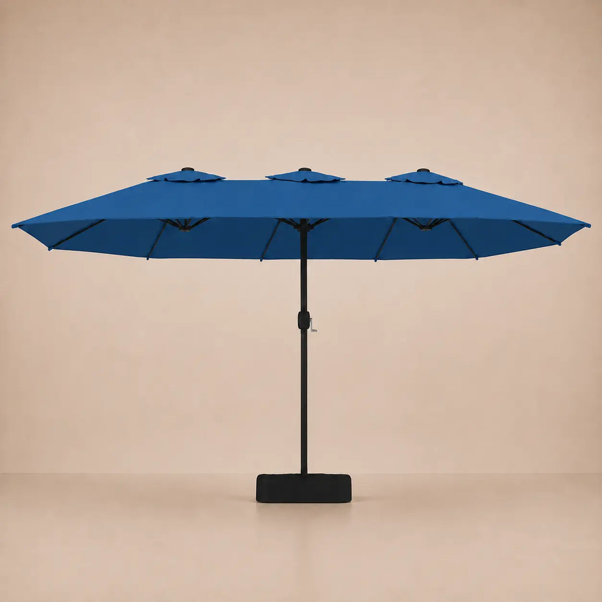 Azure blue double canopy market umbrella with integrated LED lights, black aluminium pole and weighted square base