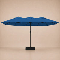 Azure blue double canopy market umbrella with integrated LED lights, black aluminium pole and weighted square base