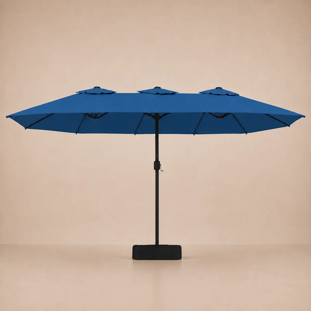 Azure blue double canopy market umbrella with integrated LED lights, black aluminium pole and weighted square base