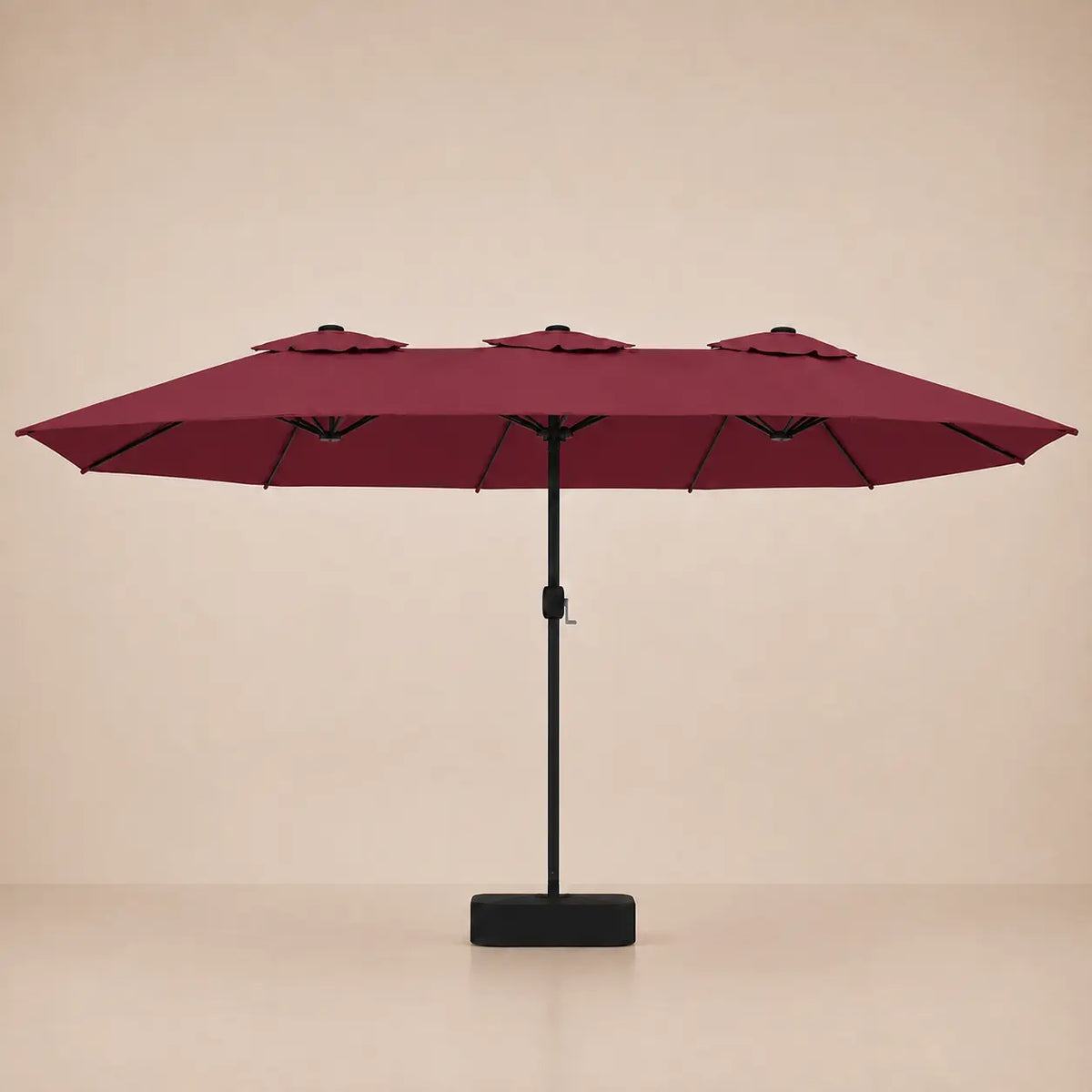 Bordeaux double canopy market umbrella with integrated LED lights, black aluminium pole and weighted square base