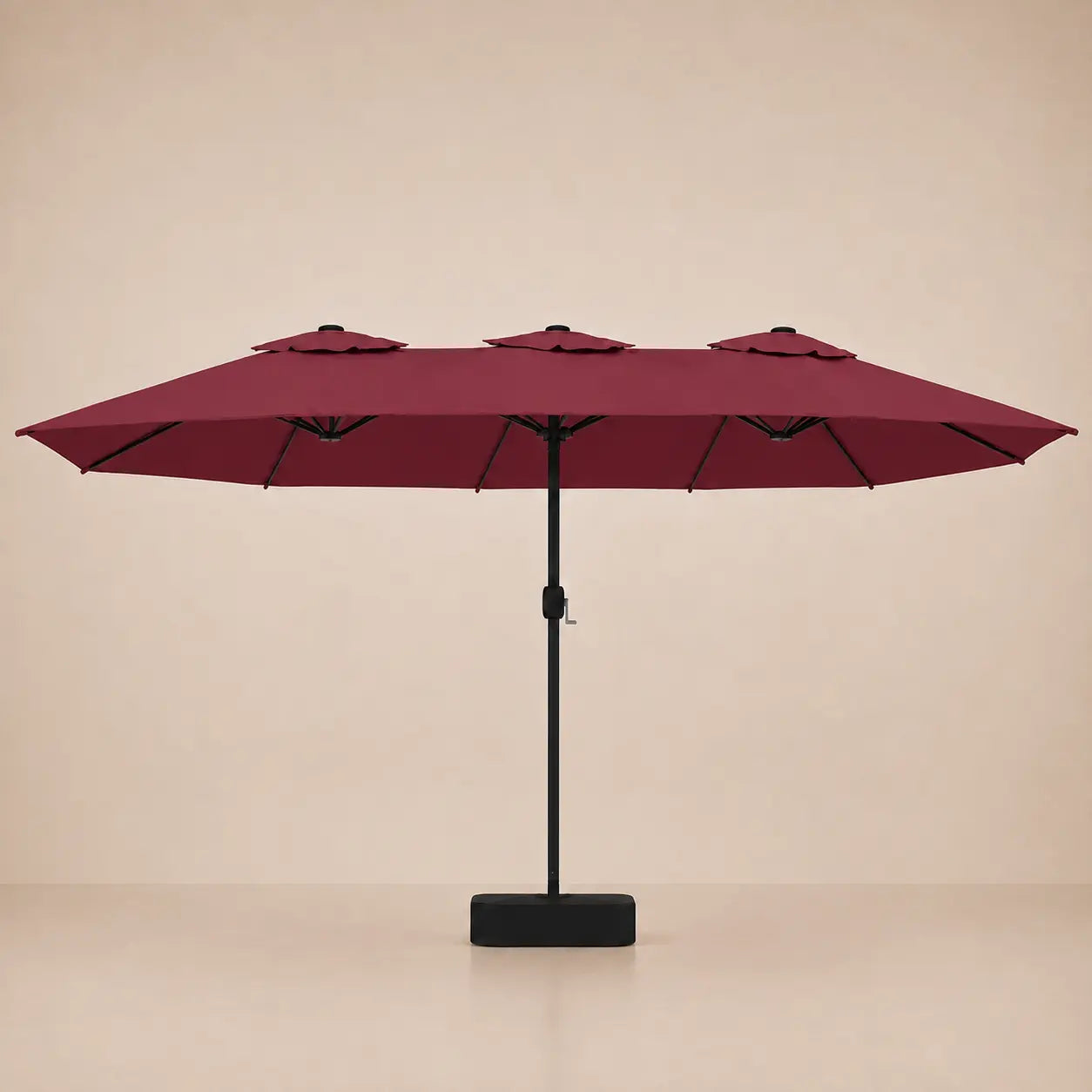 Bordeaux double canopy market umbrella with integrated LED lights, black aluminium pole and weighted square base