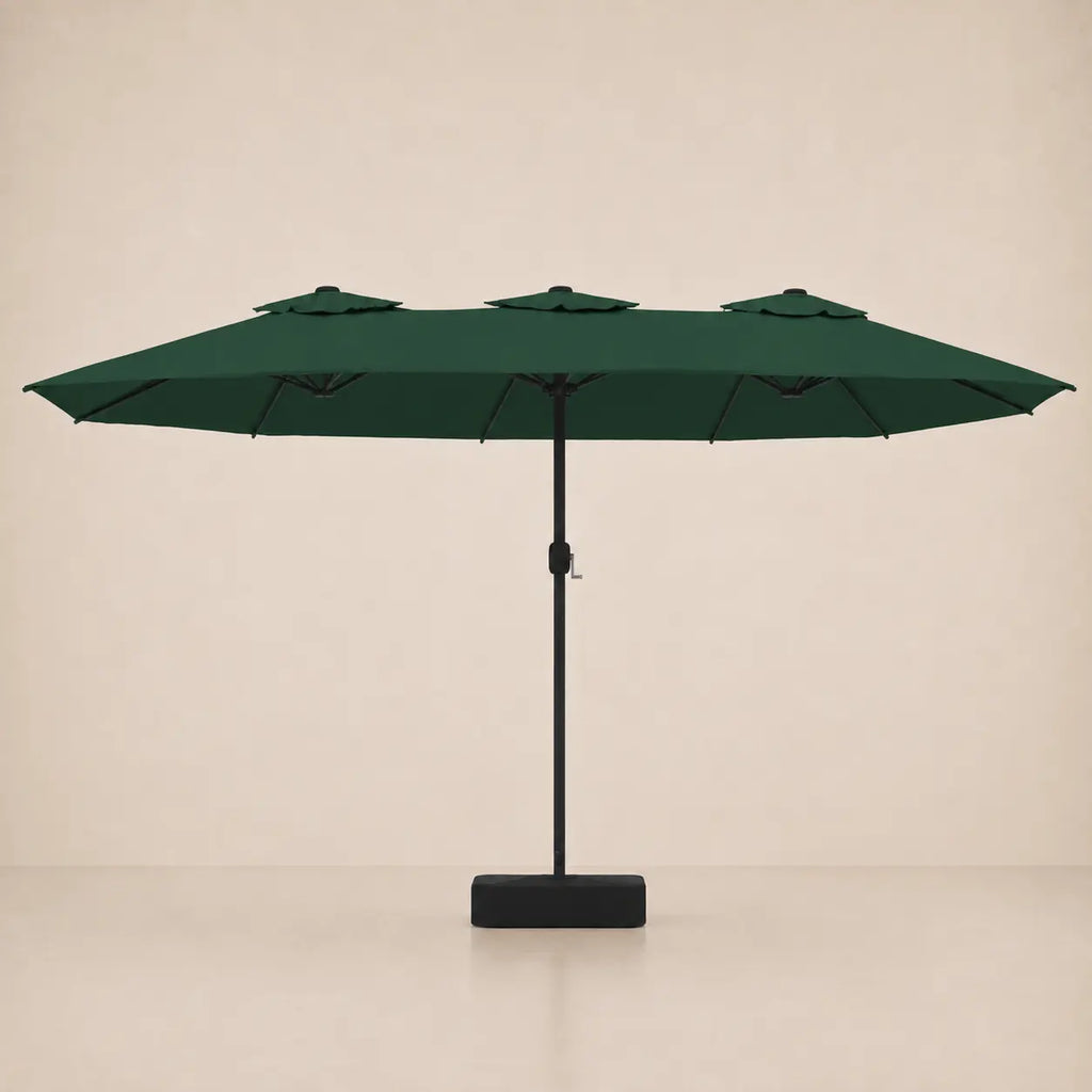 Green double canopy market umbrella with integrated LED lights, black aluminium pole and weighted square base